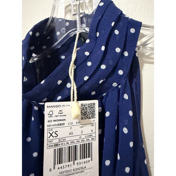 Mango Blue Polka Dot Semi Sheer Mock High Neck Dress Slit Bottom NWT XS 2 - Picture 8 of 9
